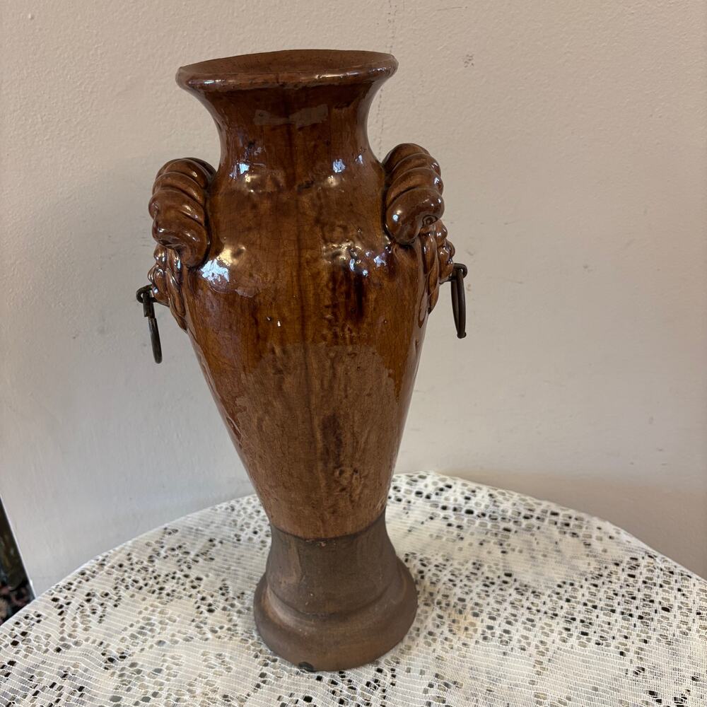 Vintage Hosley Ceramic Lion Head Vase Burnt Orange Brown High Gloss Finish